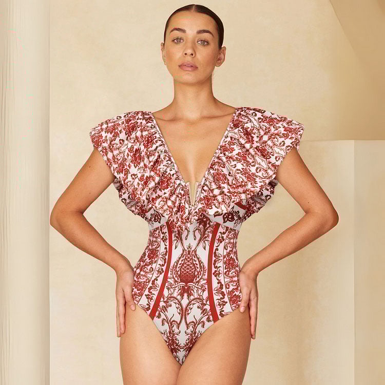 Ruffle Totem Pattern Print One Piece Swimsuit Set - As shown / S