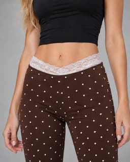 Women’s Brown Polka Dot Lace-Trim Mid-Rise Flare Pants