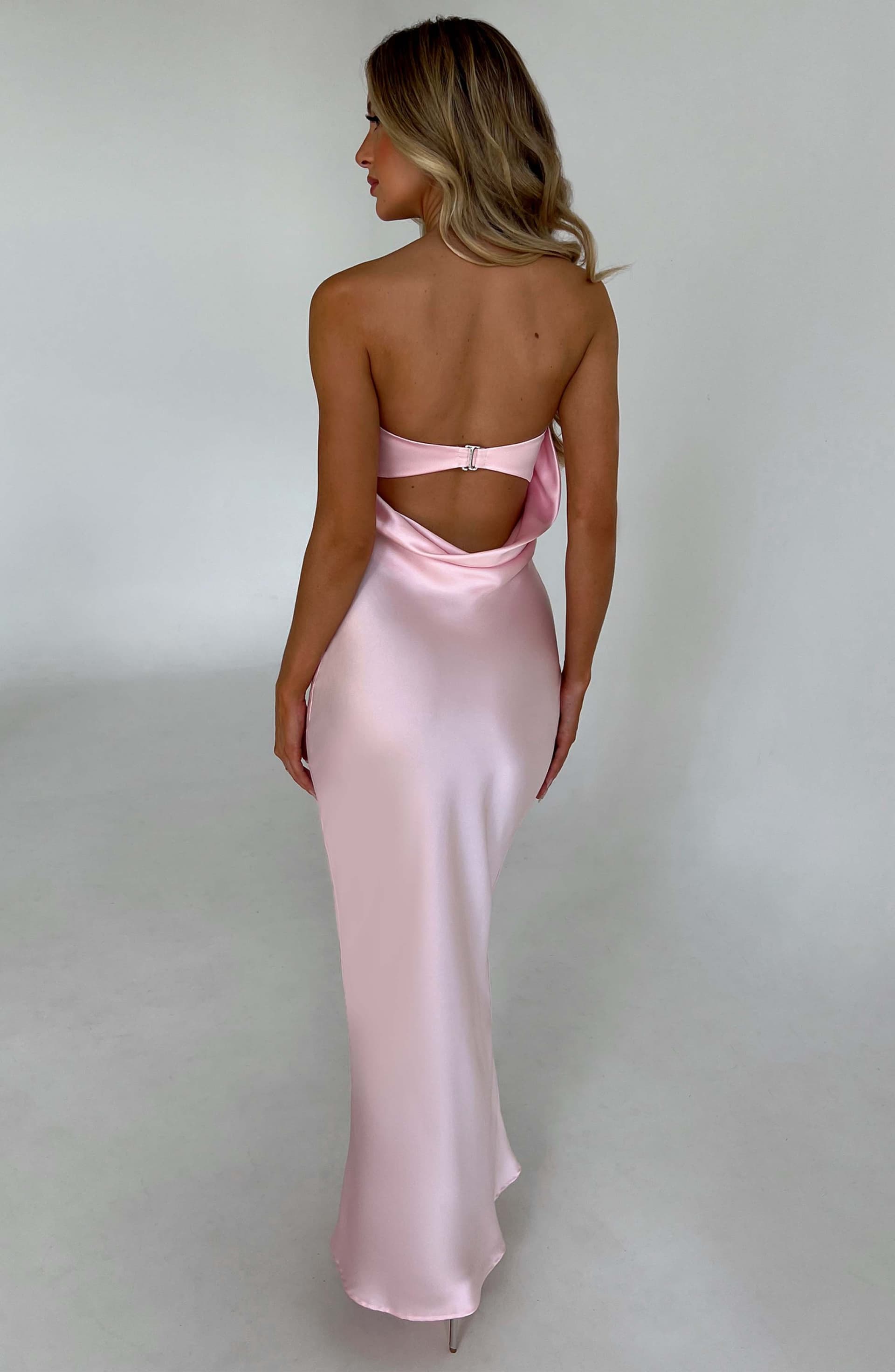 Rheanna Maxi Dress in Blush - Satin Bias Cut with Cowl Back