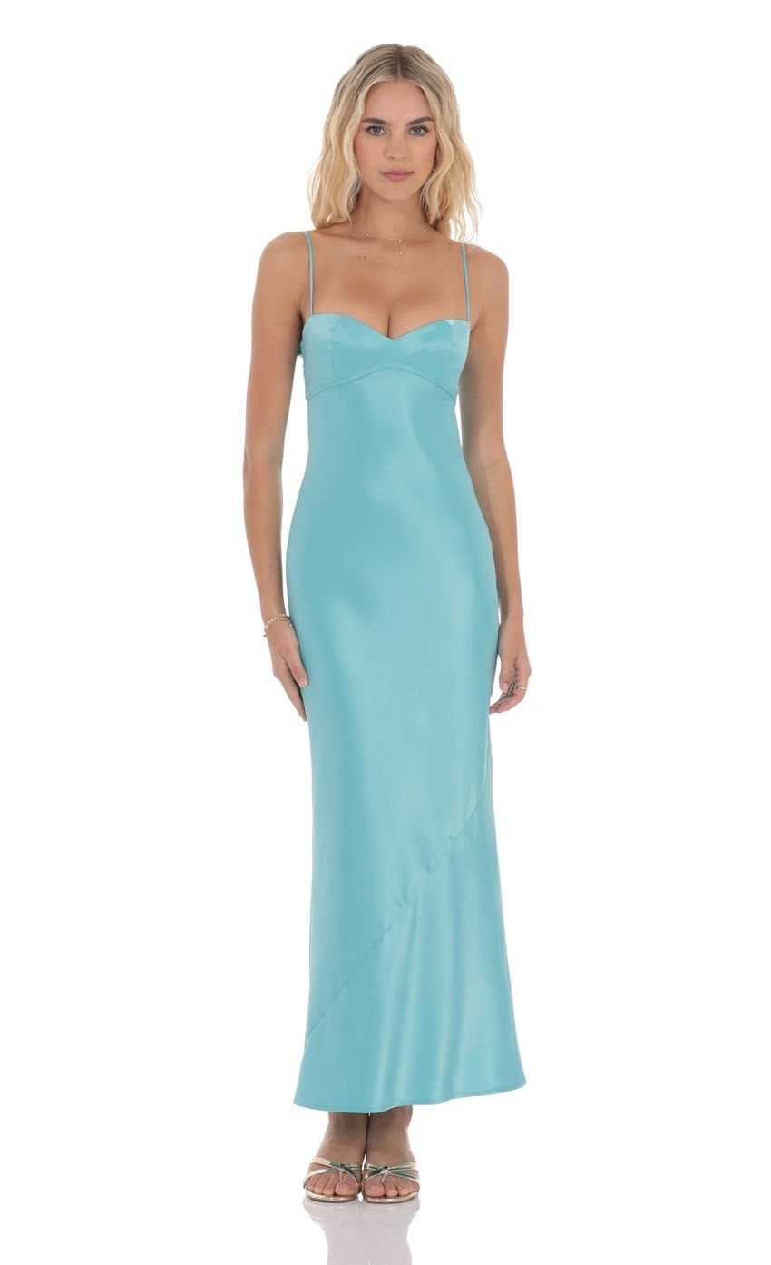 Satin Back Tie Maxi Dress in Aqua