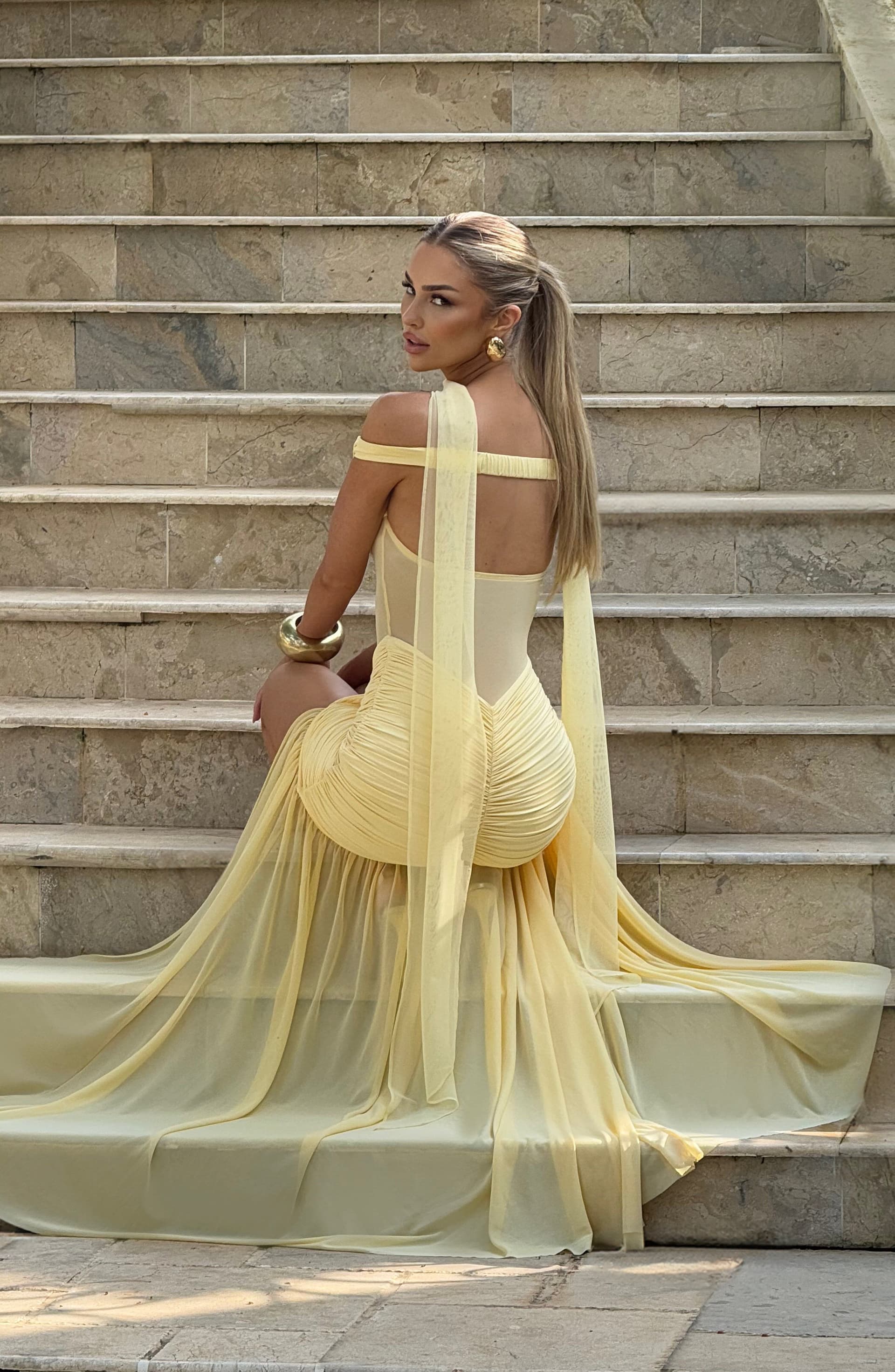 Alaia Maxi Dress in Lemon - Sheer Mesh Bodice, Bardot Neckline, Thigh-High Split