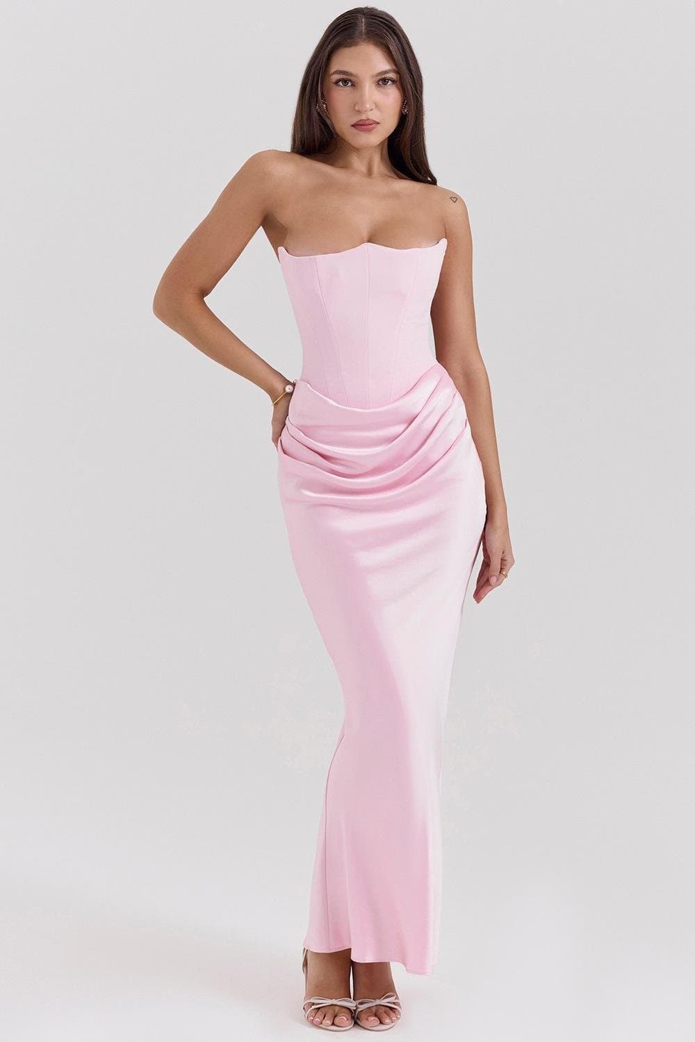 Pink Satin Corset Maxi Dress – Strapless Draped Bodycon Evening Gown XS-L