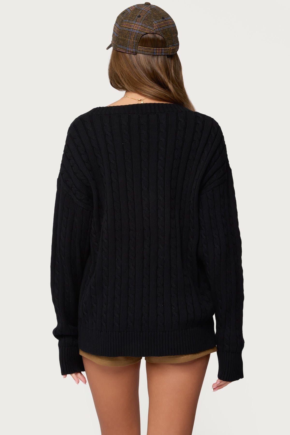 Francine Oversized V Neck Cardigan - Cable Knit 100% Cotton Ribbed Button Front