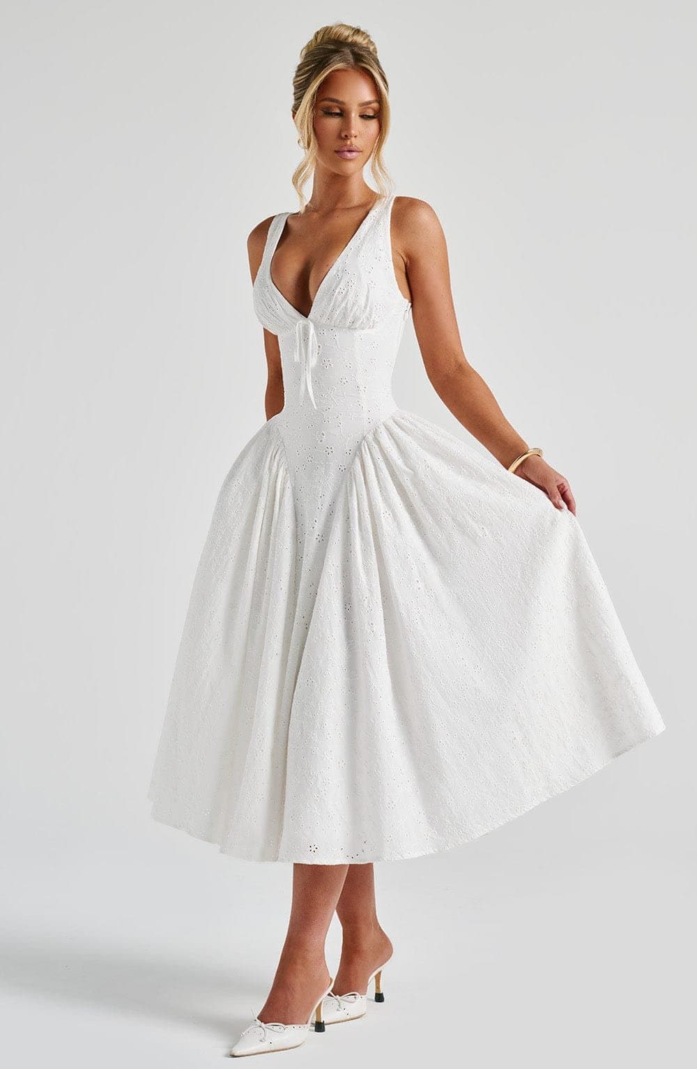 Monroe Midi Dress in Ivory with Broderie Anglaise, Plunge Neckline, Lace-Up Back