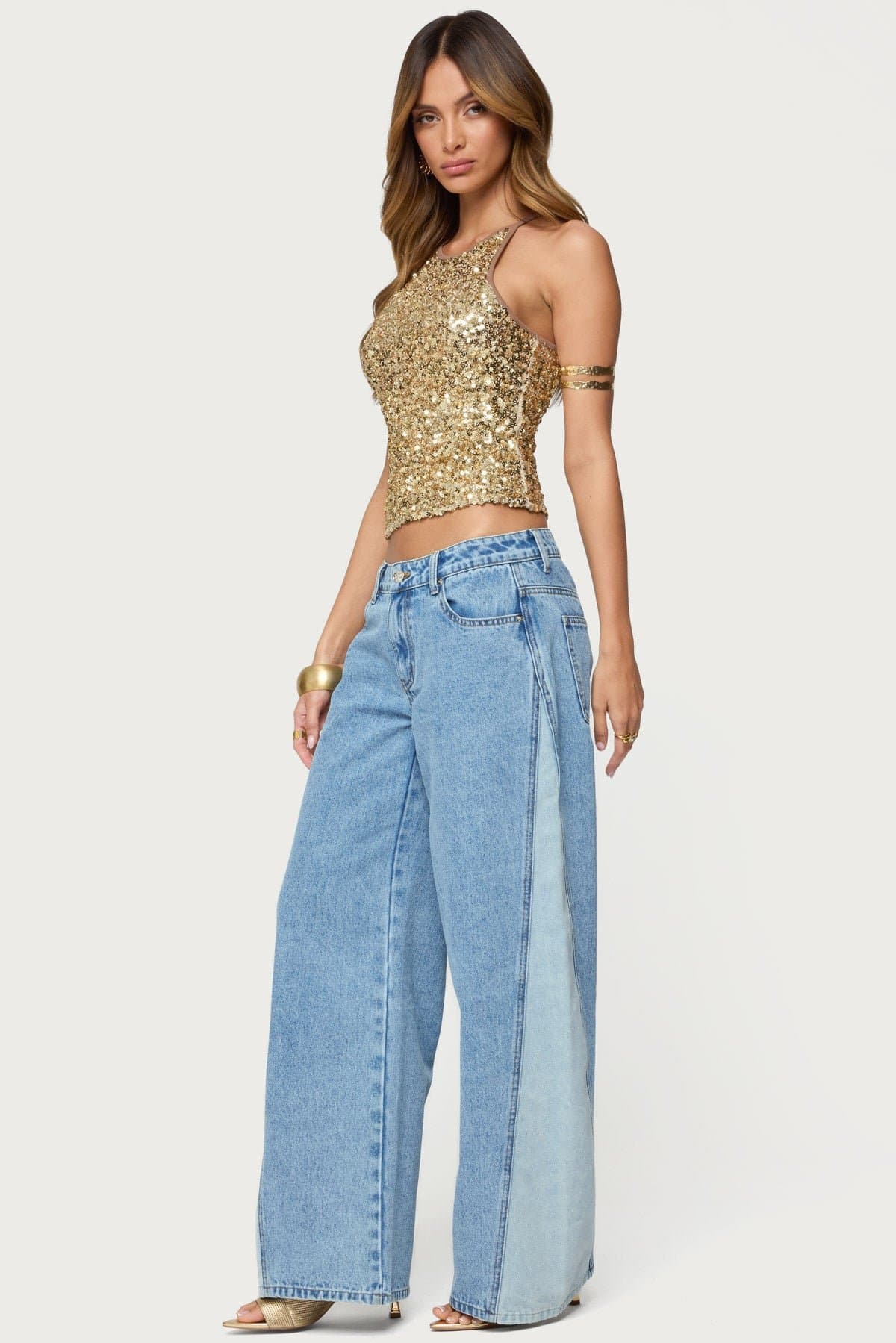 Pasha Sequin Tank Top with Contrast Binding - Polyester Spandex Women's Top