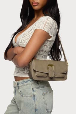 Faux Leather Buckle Shoulder Bag - Black Polyurethane 8.9"W x 5.5"H