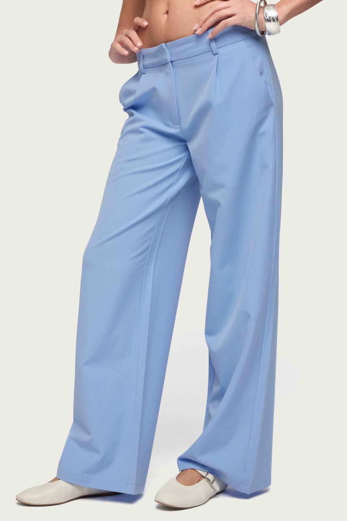 Pinstripe Tailored Straight Leg Pants in Polyester Rayon Spandex