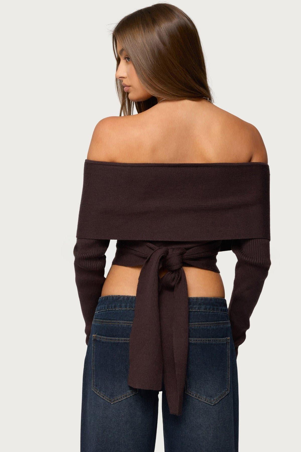 Paulina Off Shoulder Wrap Sweater in Rayon Polyester Nylon Knit Fabric