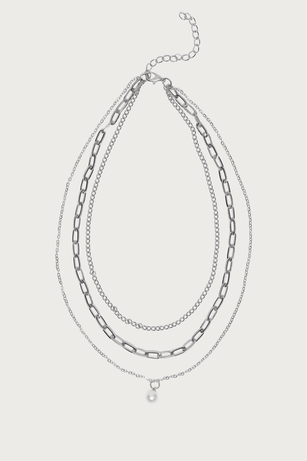 Pearly Necklace Set Layered Silver Tone Chains Drop Pearl Pendant 14.6 Inch