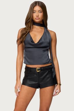 Satin Effect Cowl Neck Scarf Top - Halter Tie Open Back Fringed Polyester Spandex