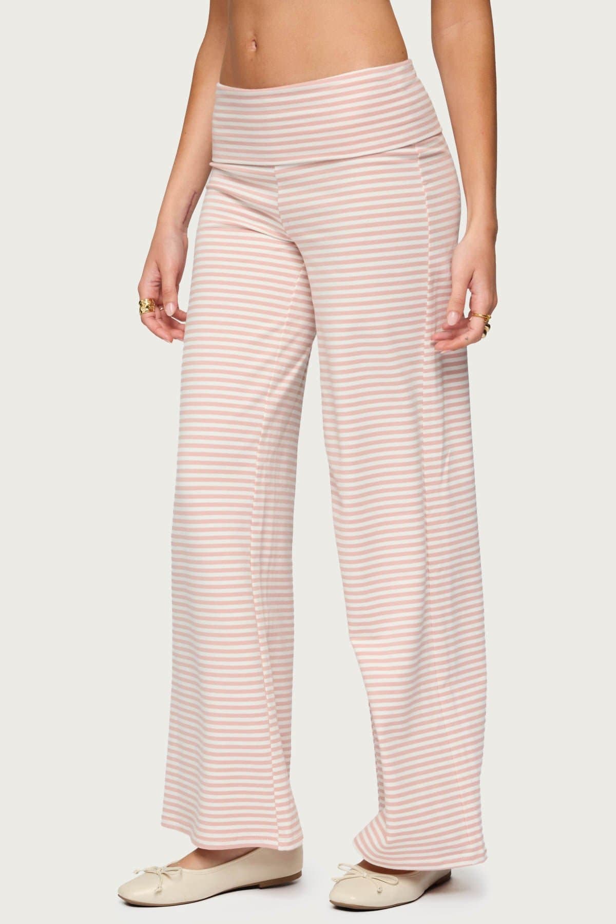 Lilah Striped Fold Over Wide Leg Pants - Cotton Polyester Spandex