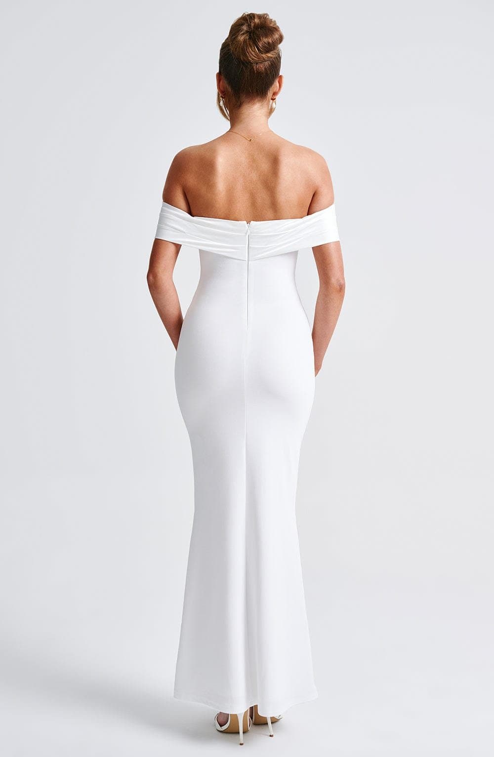 Joanna Maxi Dress in Ivory - Stretch Crepe Fit and Flare with Bardot Neckline