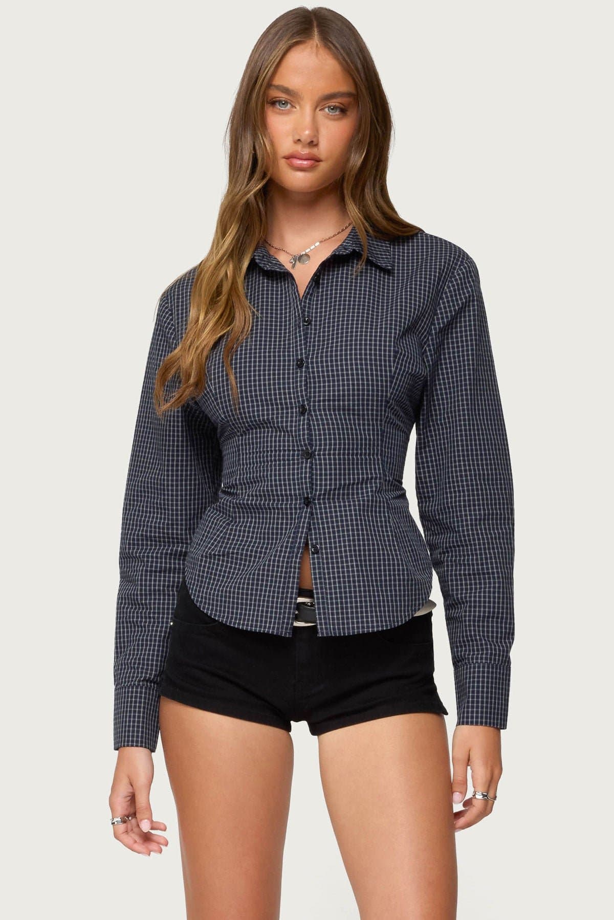 Lisbet Checkered Button Up Shirt - Cotton Polyester Tailored Cinched Waist Small Medium Large