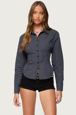 Lisbet Checkered Button Up Shirt - Cotton Polyester Tailored Cinched Waist Small Medium Large