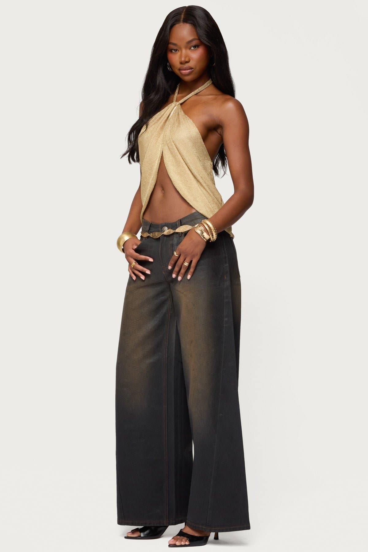 Stasia Sparkly Knit Split Front Halter Top - Rayon Metallic Fibers