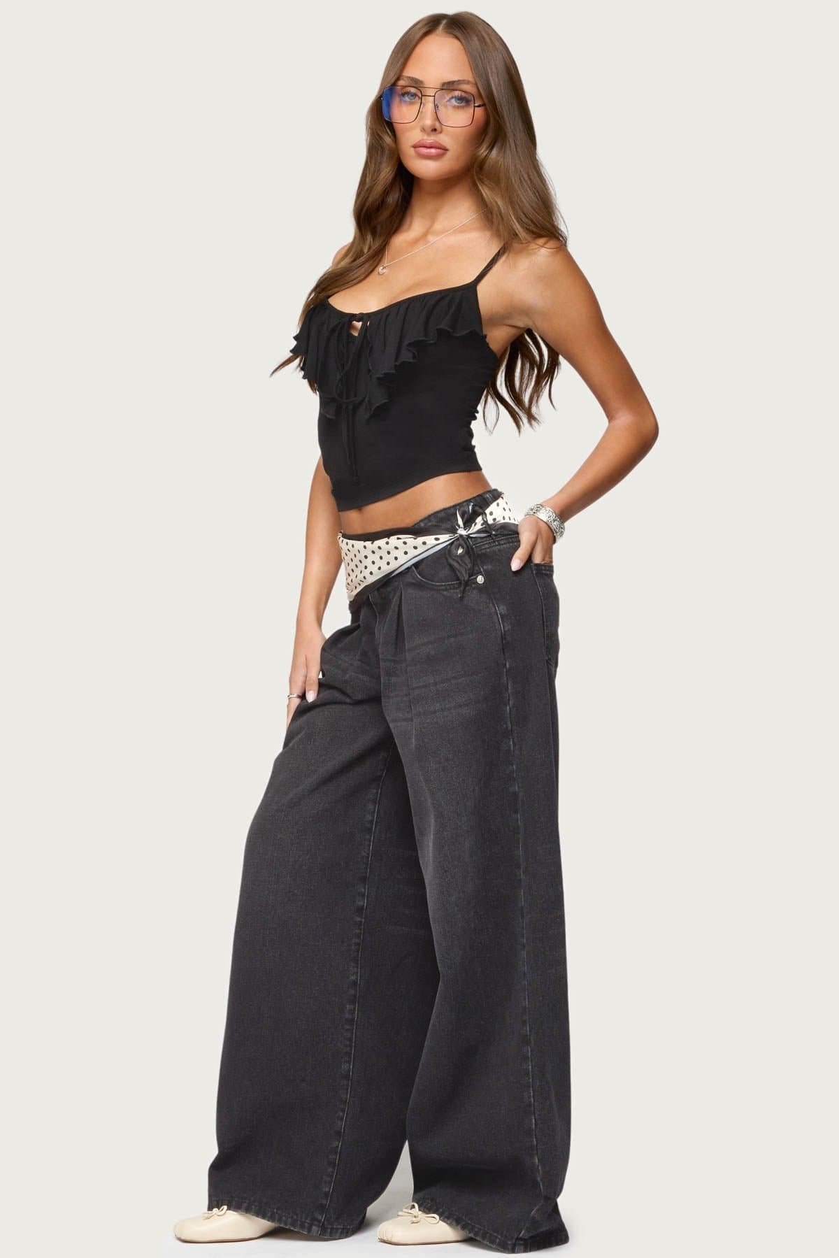 Jezebel Ruffle Tank Top with Adjustable Straps, Front Tie, Keyhole Cutout, Rayon Spandex