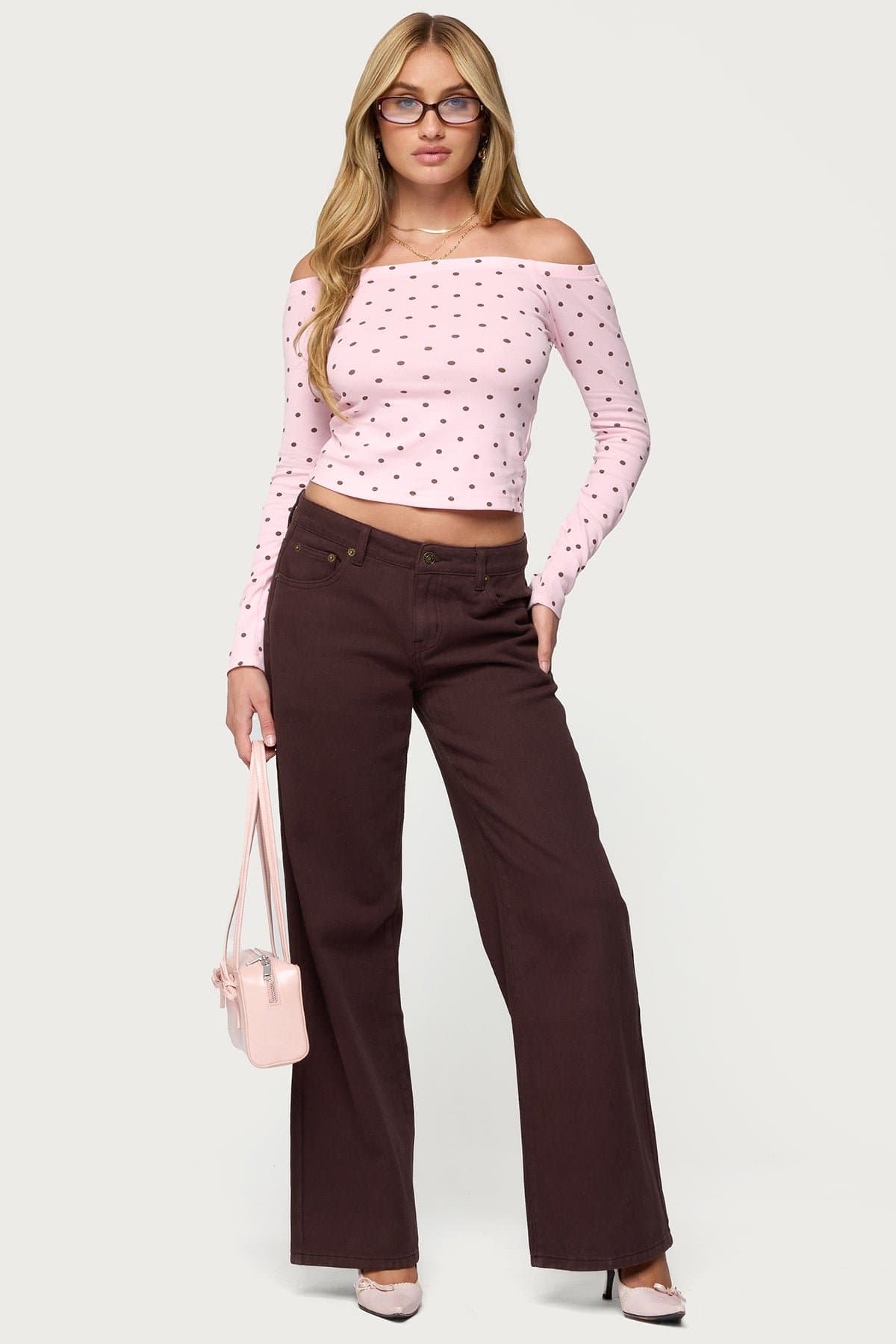 Leandra Off Shoulder Polka Dot Top - Long Sleeve Cotton Spandex