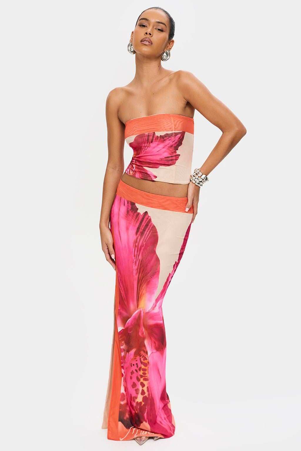Havana Maxi Skirt with Bandeau Neckline, Lace Up Back, Double Layer Mesh, In-House Print