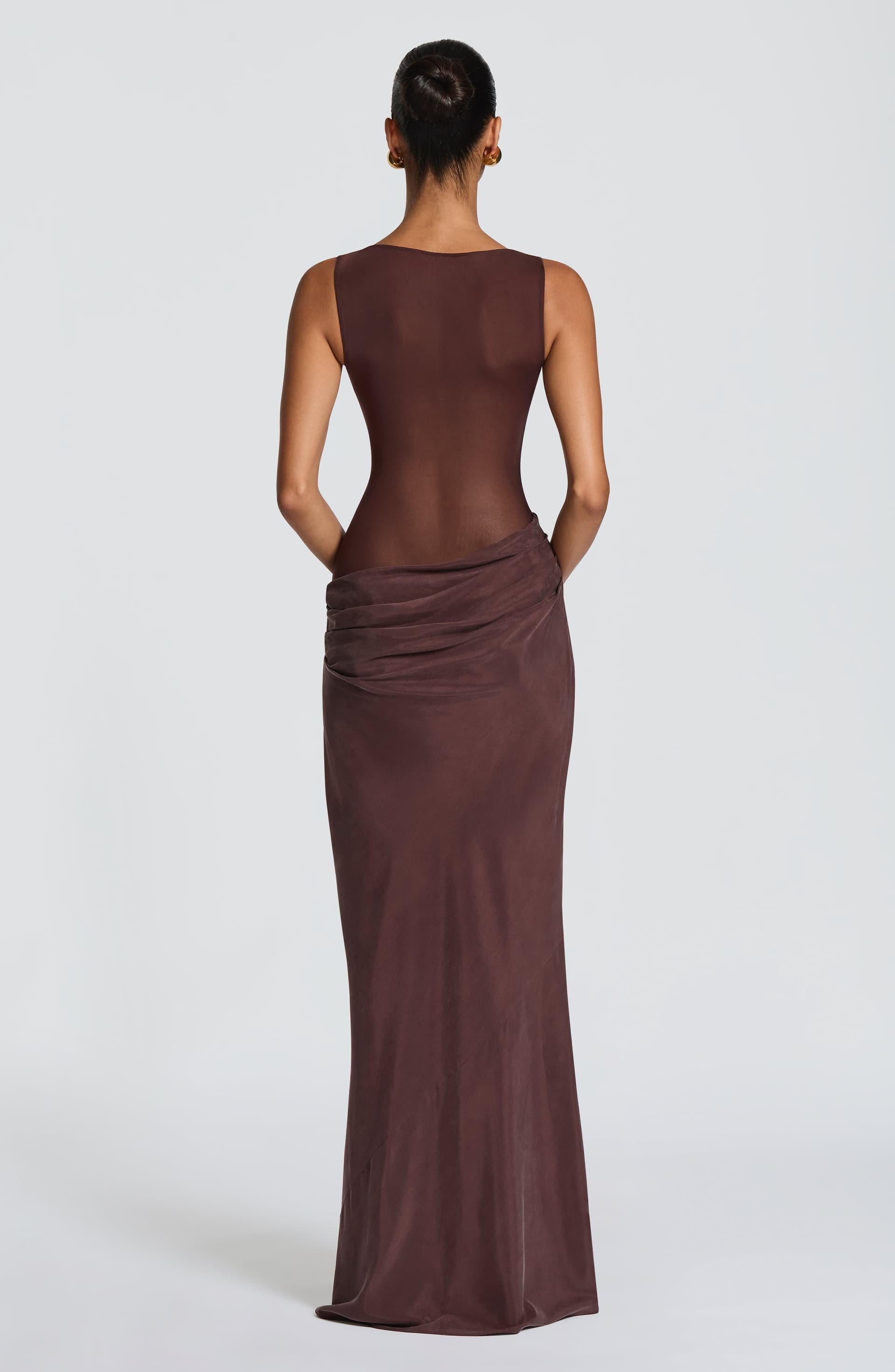 Gracelyn Maxi Dress - Plum Brown Sheer Mesh Bodice Cupro Skirt