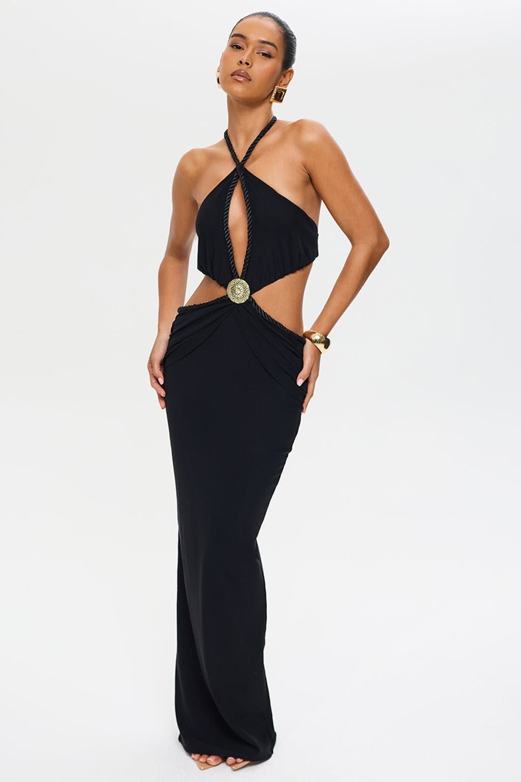 SELENE Maxi Dress - Multiway Rope Halter Neckline with Gold Hardware