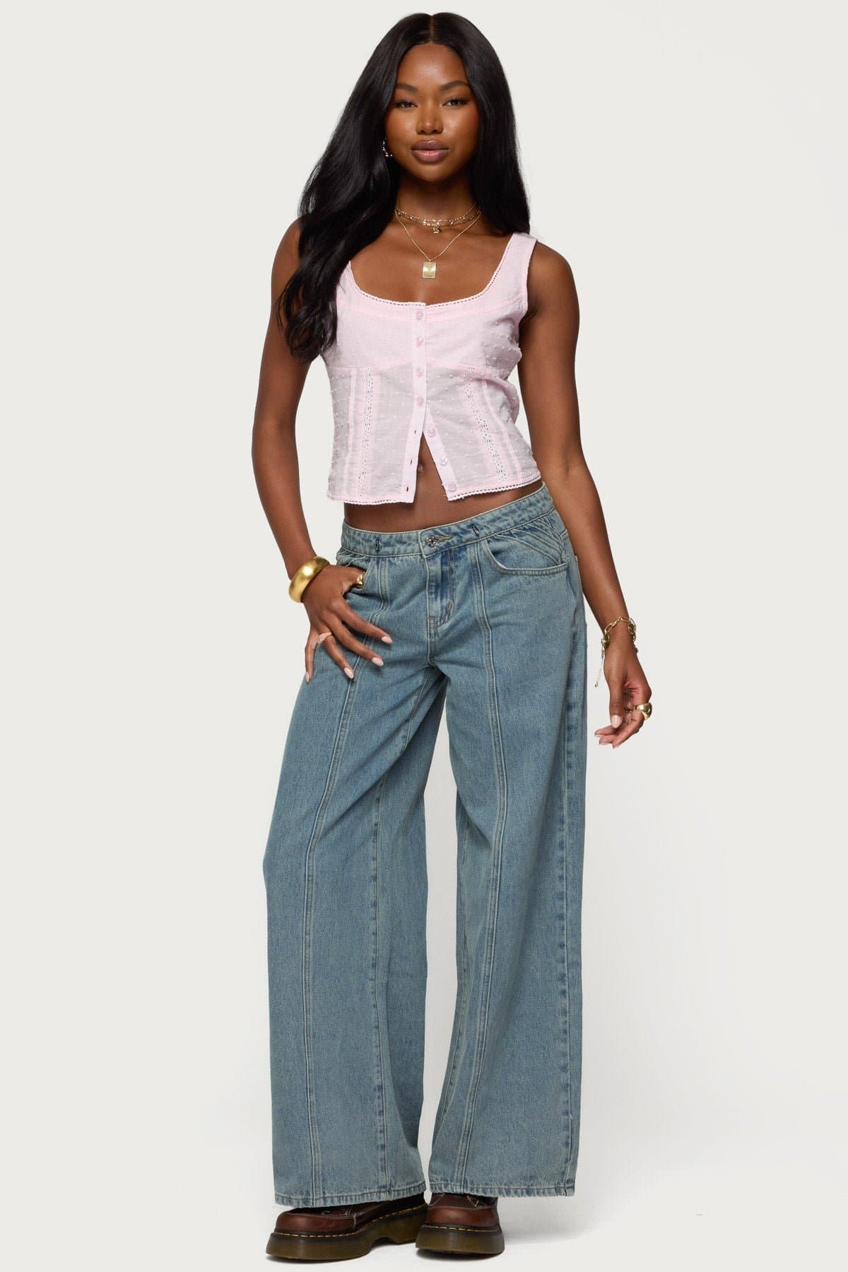 Embroidered Cotton Button Up Tank Top - Square Neckline, Smocked Back