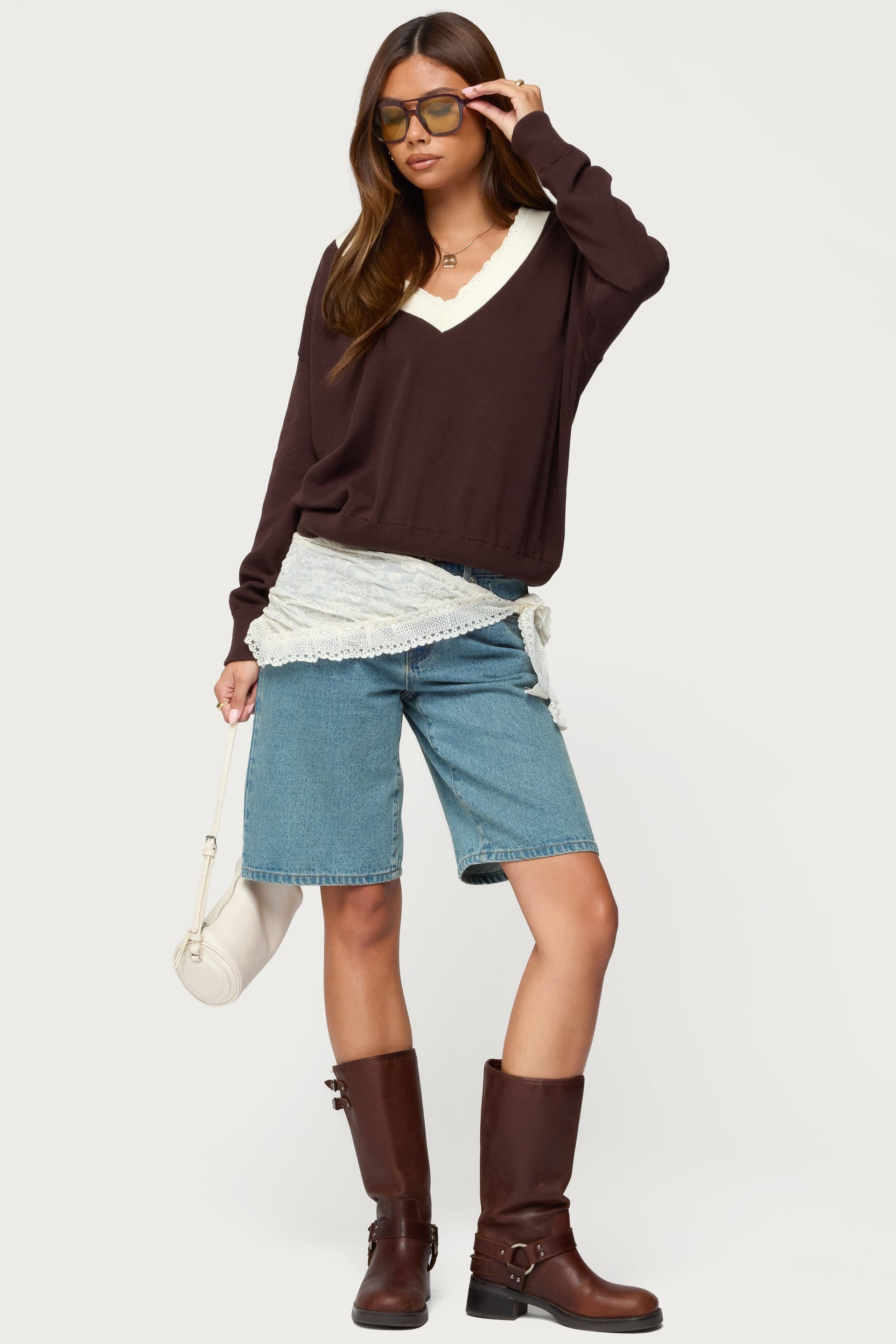 Marie Contrast Lacey V-Neck Cotton Knit Sweater