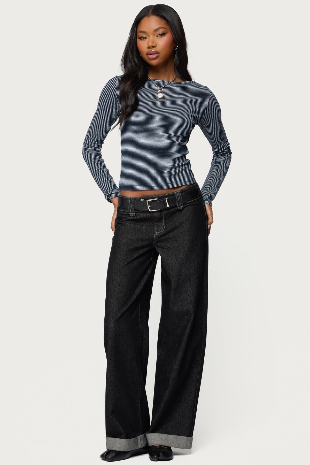 Loria Striped Boat Neck Long Sleeve Top - Cotton Spandex