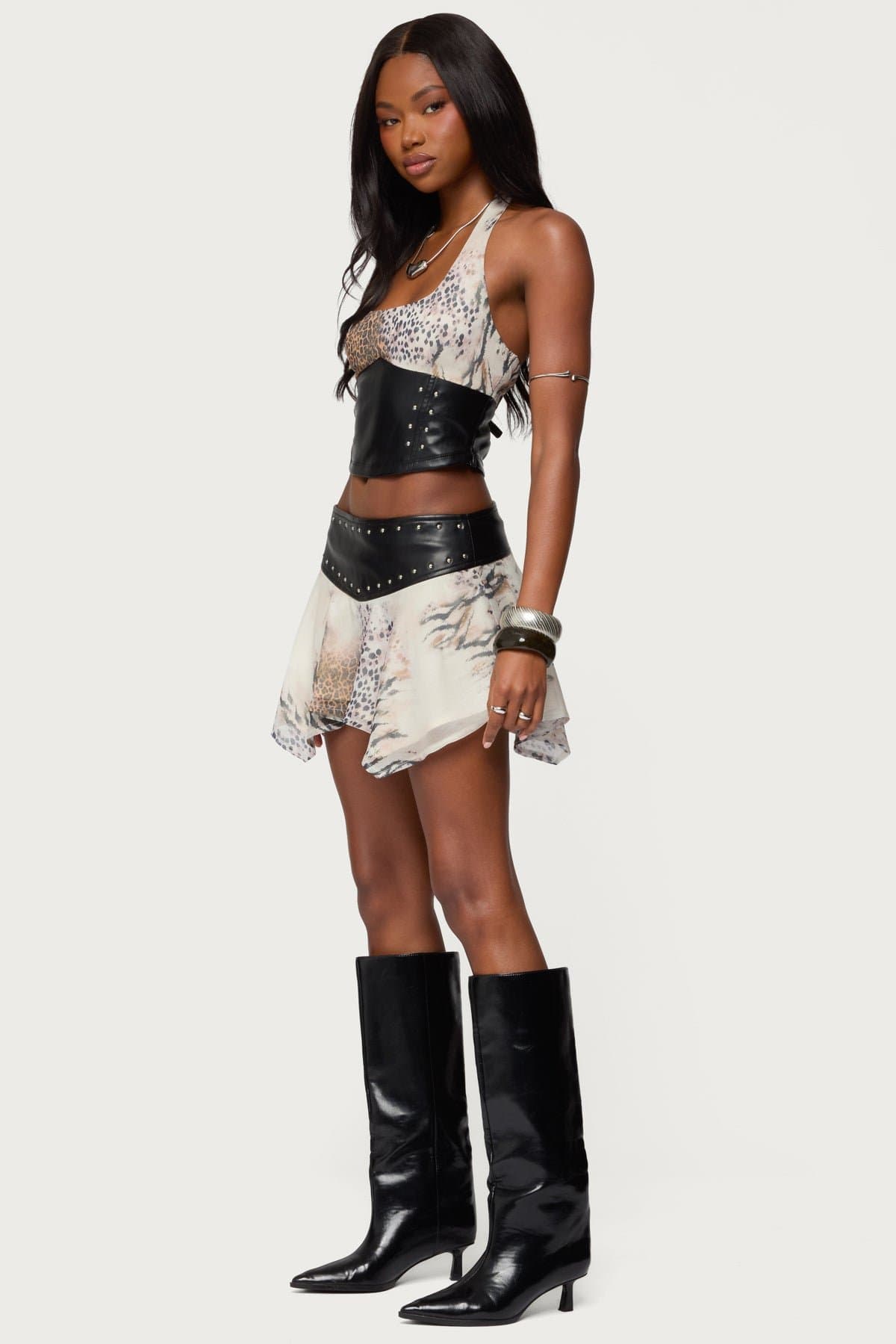 Letta Printed Chiffon Mini Skirt with Faux Leather Waistband Animal Print