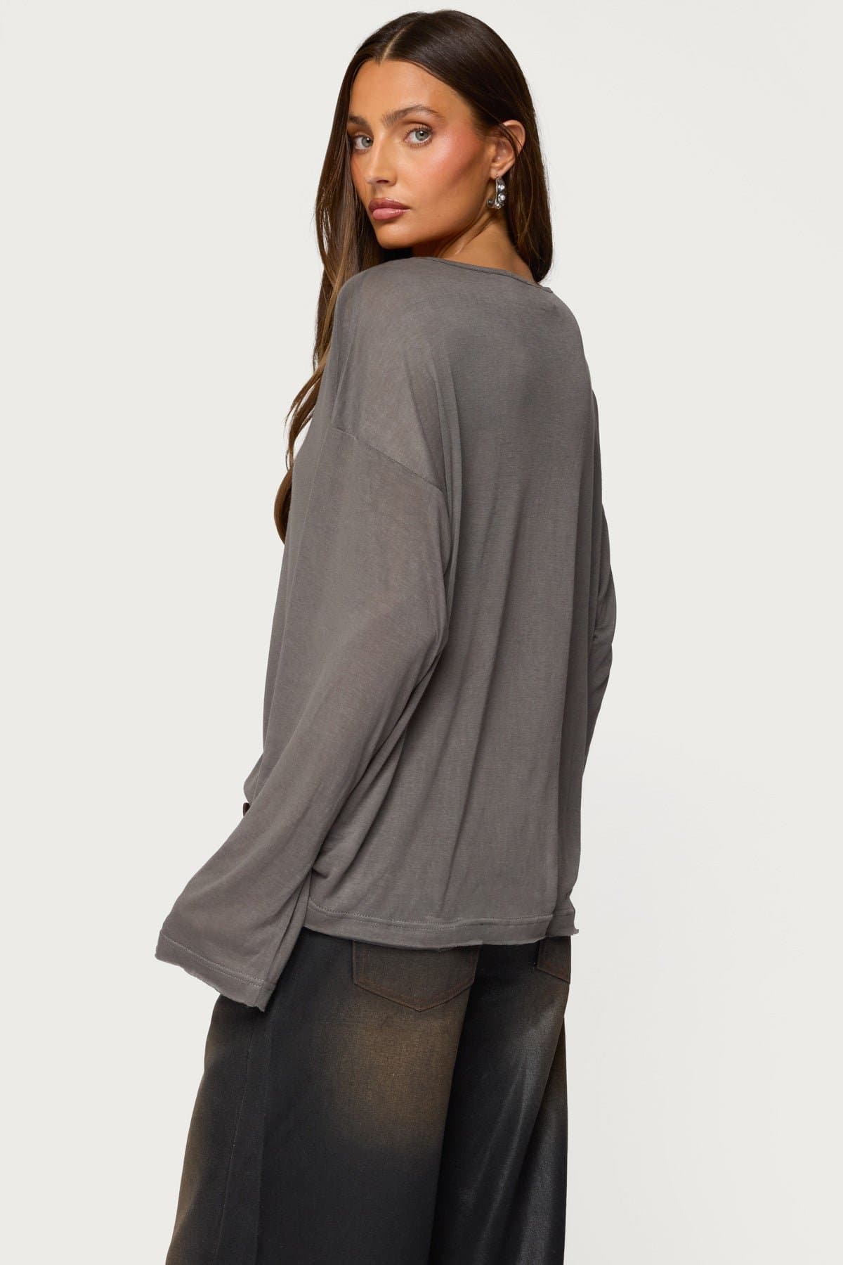 Oversized Semi Sheer Long Sleeve T-Shirt - Rayon Polyester Women's Top
