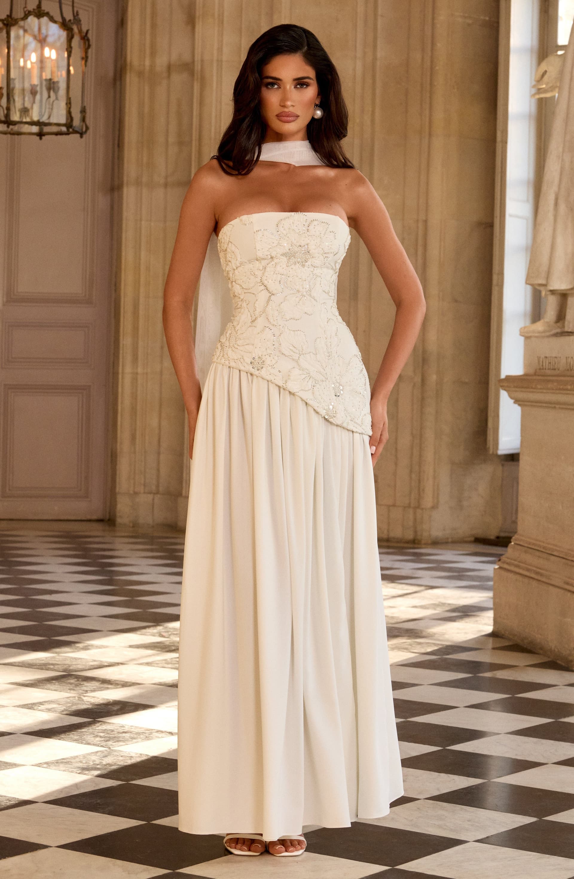 Anneliese Maxi Dress in Ivory Crepe Bodice Chiffon Skirt with Embellishments