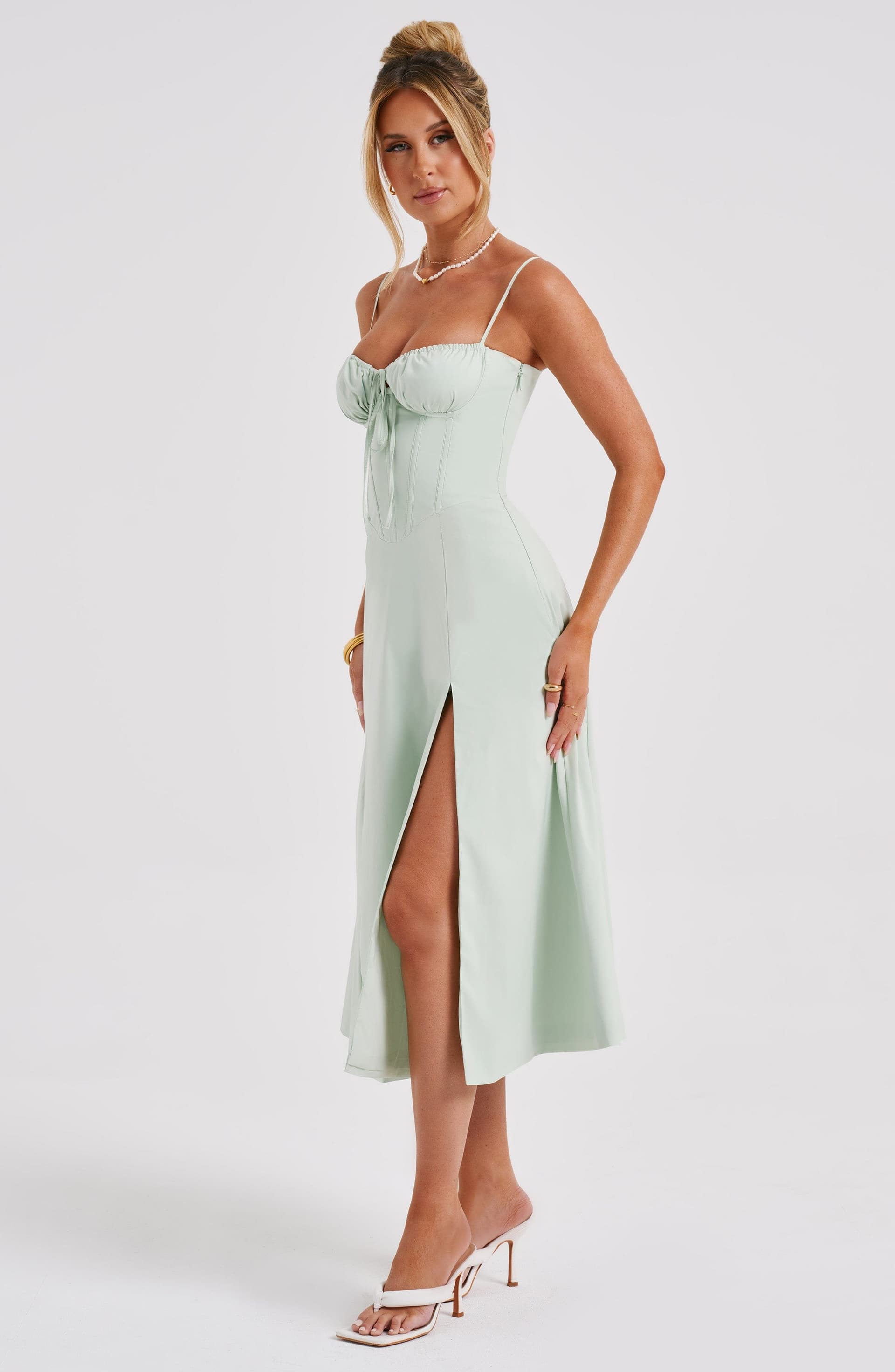 Deanna Midi Dress - Sage Green Cotton Blend with Corset Bodice and Thigh Split