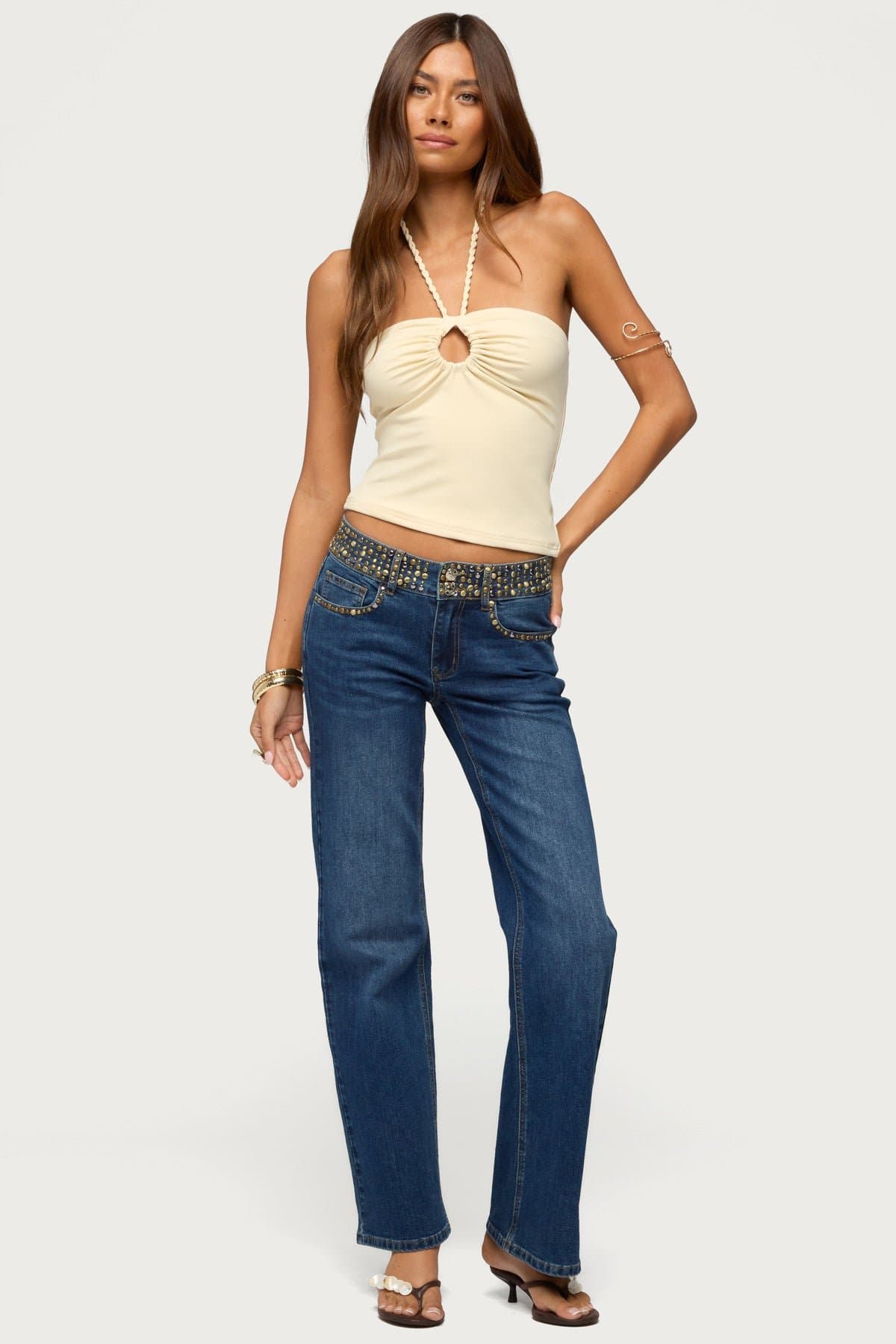 Rope Strap Keyhole Halter Top in Polyester Spandex - Neck Tie Closure