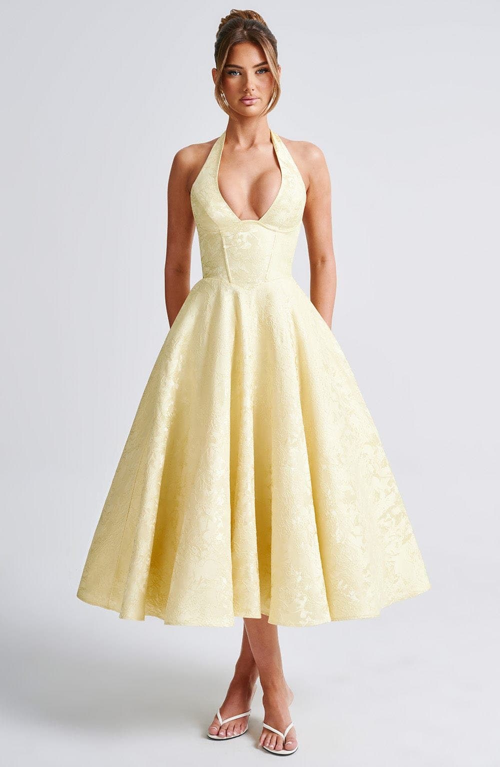 Effie Midi Dress - Lemon Floral Jacquard Plunge Halter Lace Up