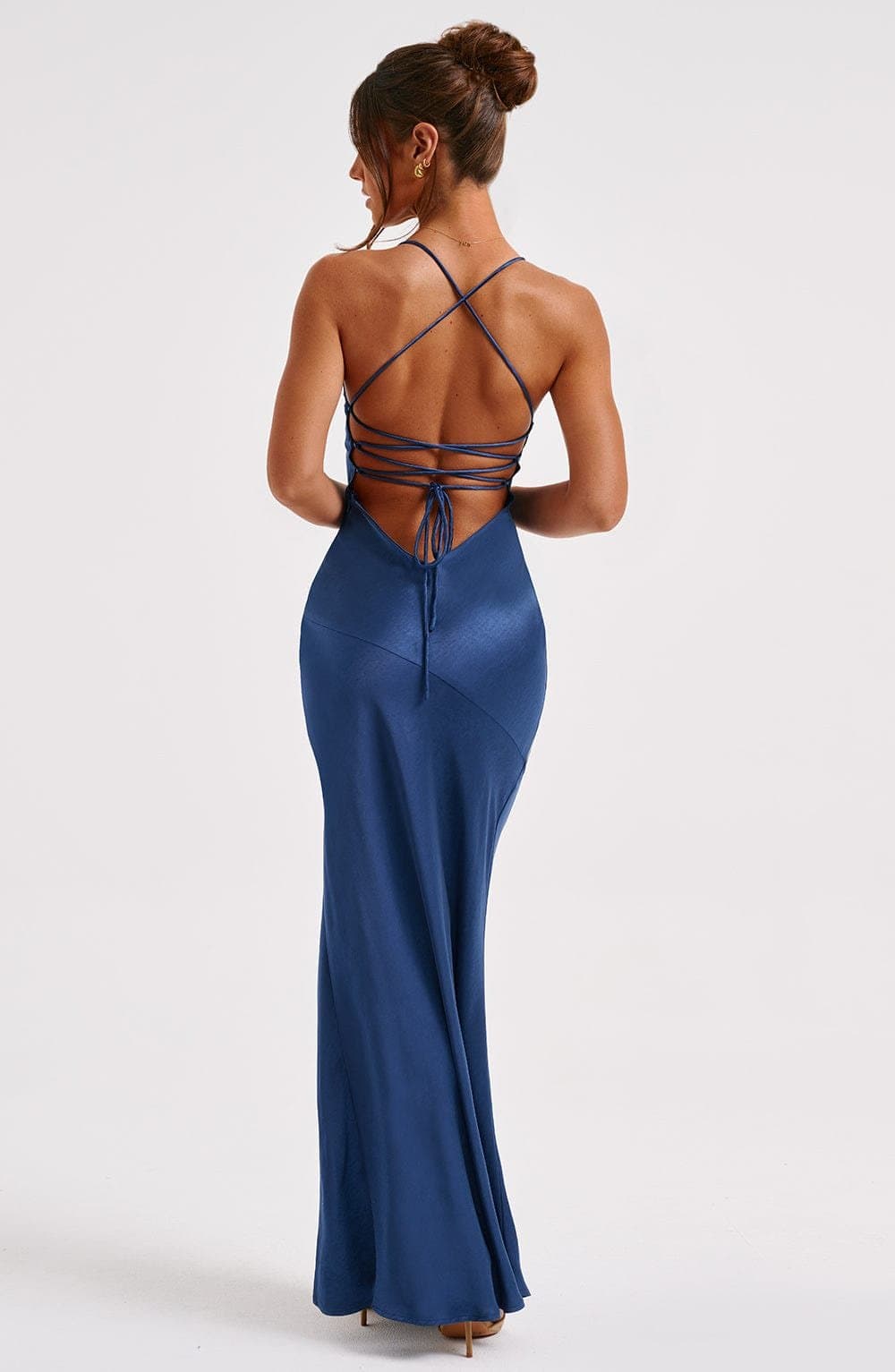 Isobel Maxi Dress - Navy Satin Bias Cut Plunge Neck Thigh Split