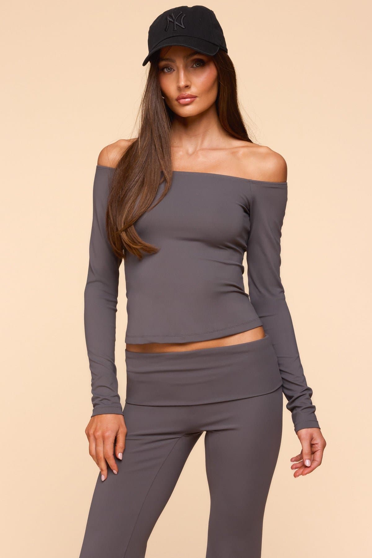 Tezia Off Shoulder Long Sleeve Fitted Top - Polyester Spandex