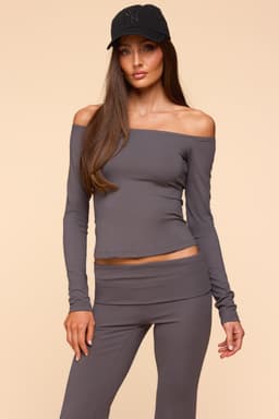 Tezia Off Shoulder Long Sleeve Fitted Top - Polyester Spandex