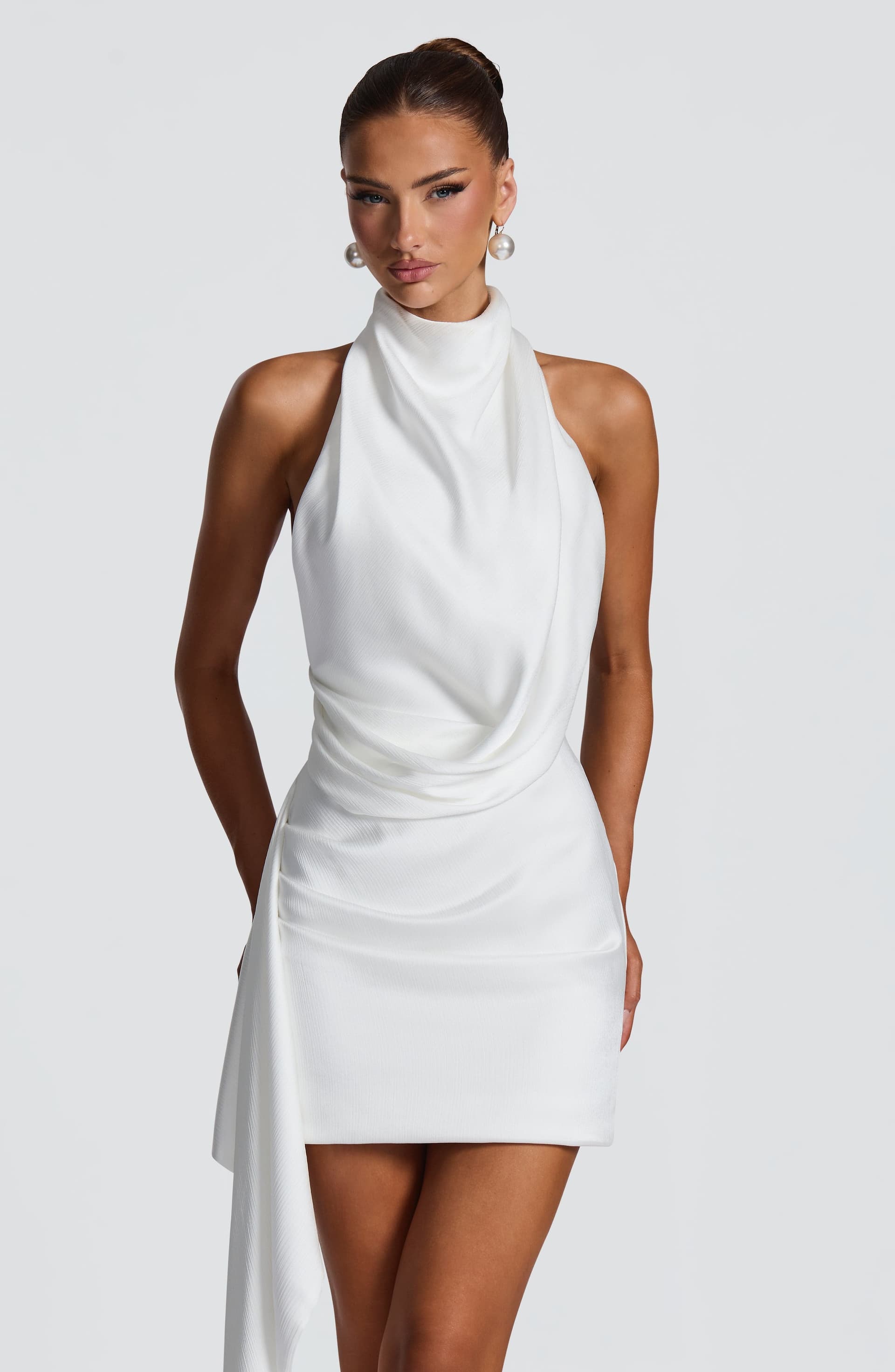 Nadine Mini Dress in Ivory - Textured Satin Backless High Neckline Dress
