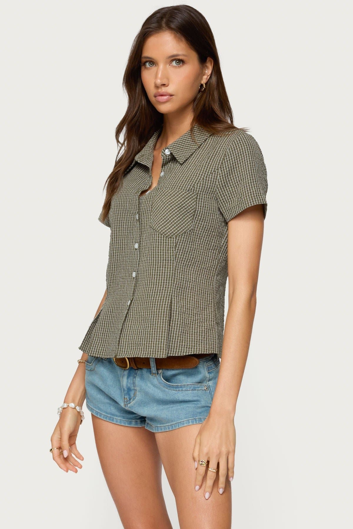 Alisa Plaid Tailored Button Up Shirt - Cotton Polyester Classic Collar Pleated Detailing