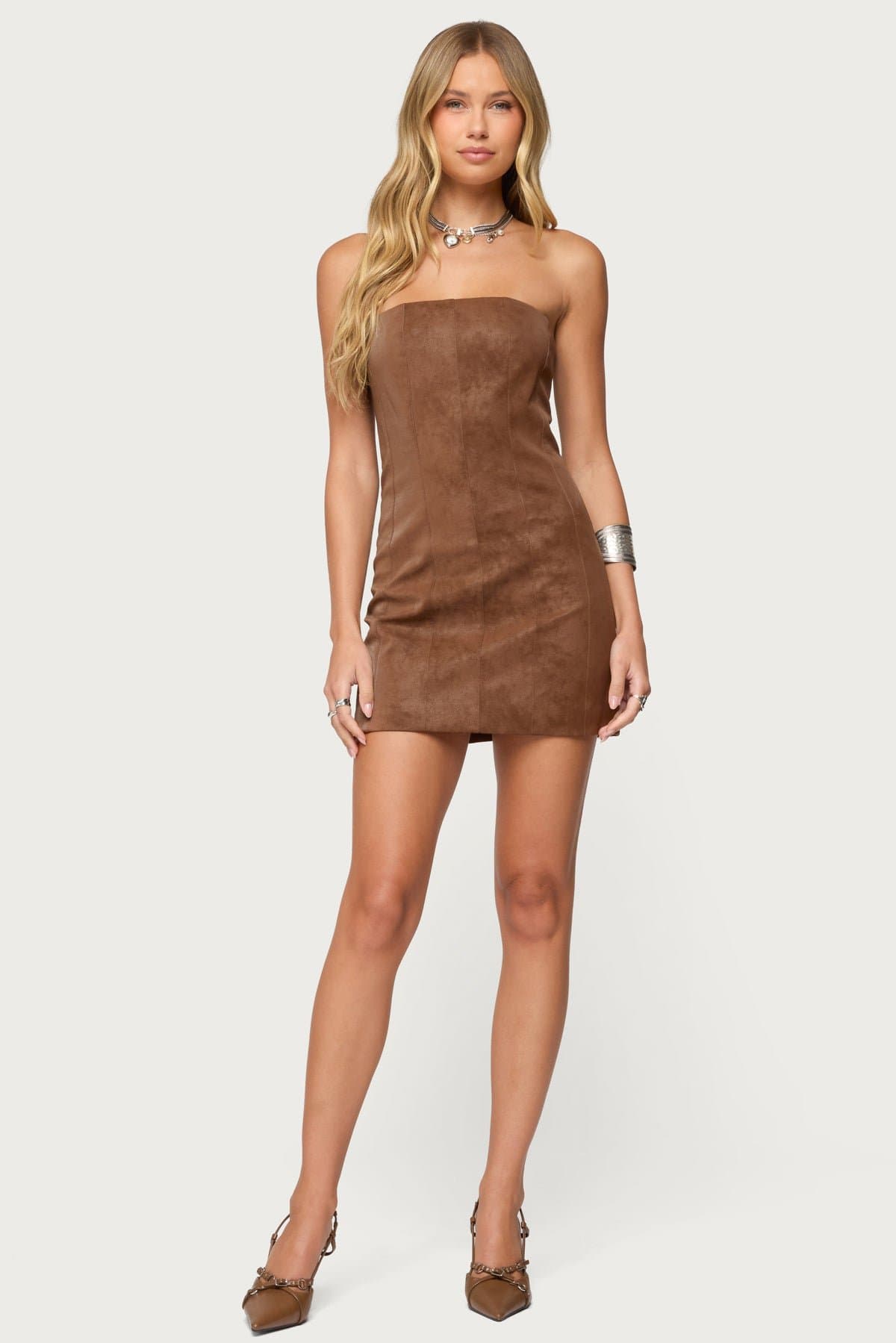 Carina Strapless Faux Suede Mini Dress - Lace Up Back Polyurethane Cotton