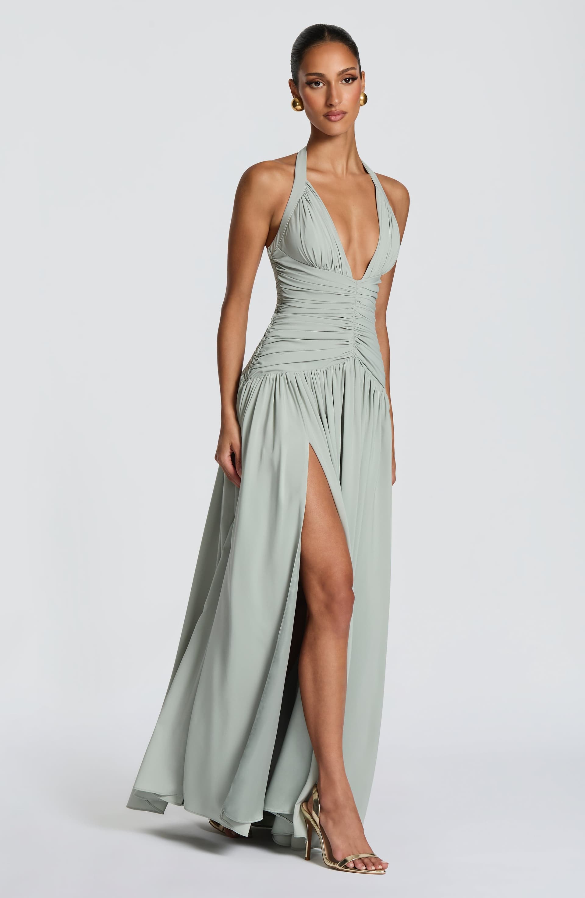 Amaris Maxi Dress - Sage Chiffon Plunge Halter Neck Thigh Split