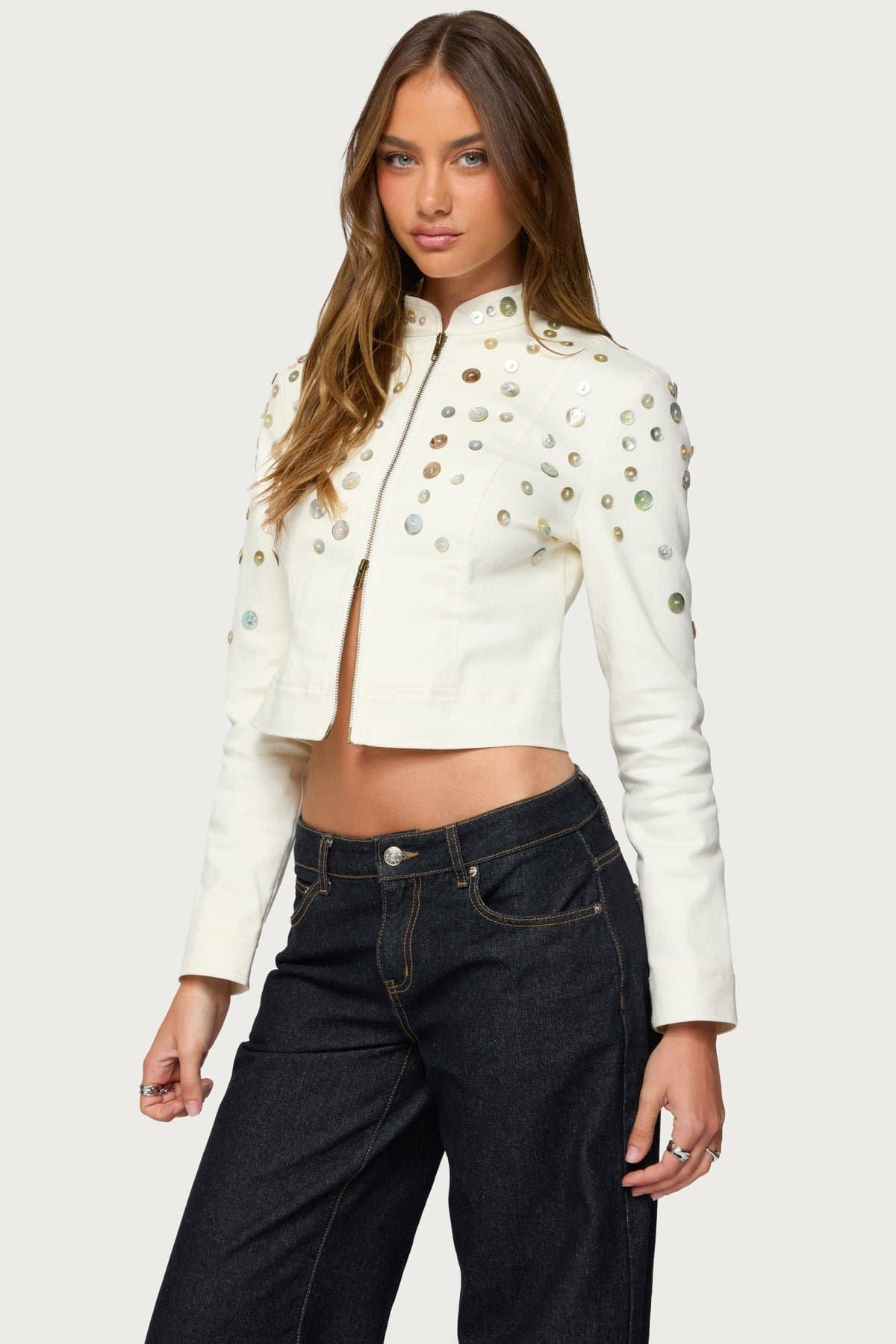 Elira Iridescent Fitted Jacket - Cotton Spandex with Front Zip and Button Detailing