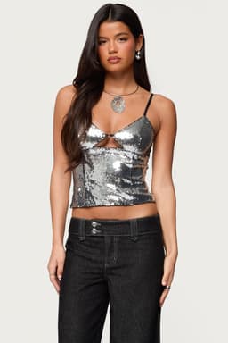 Rokko Cut Out Sequin Top - Adjustable Straps, Polyester Spandex