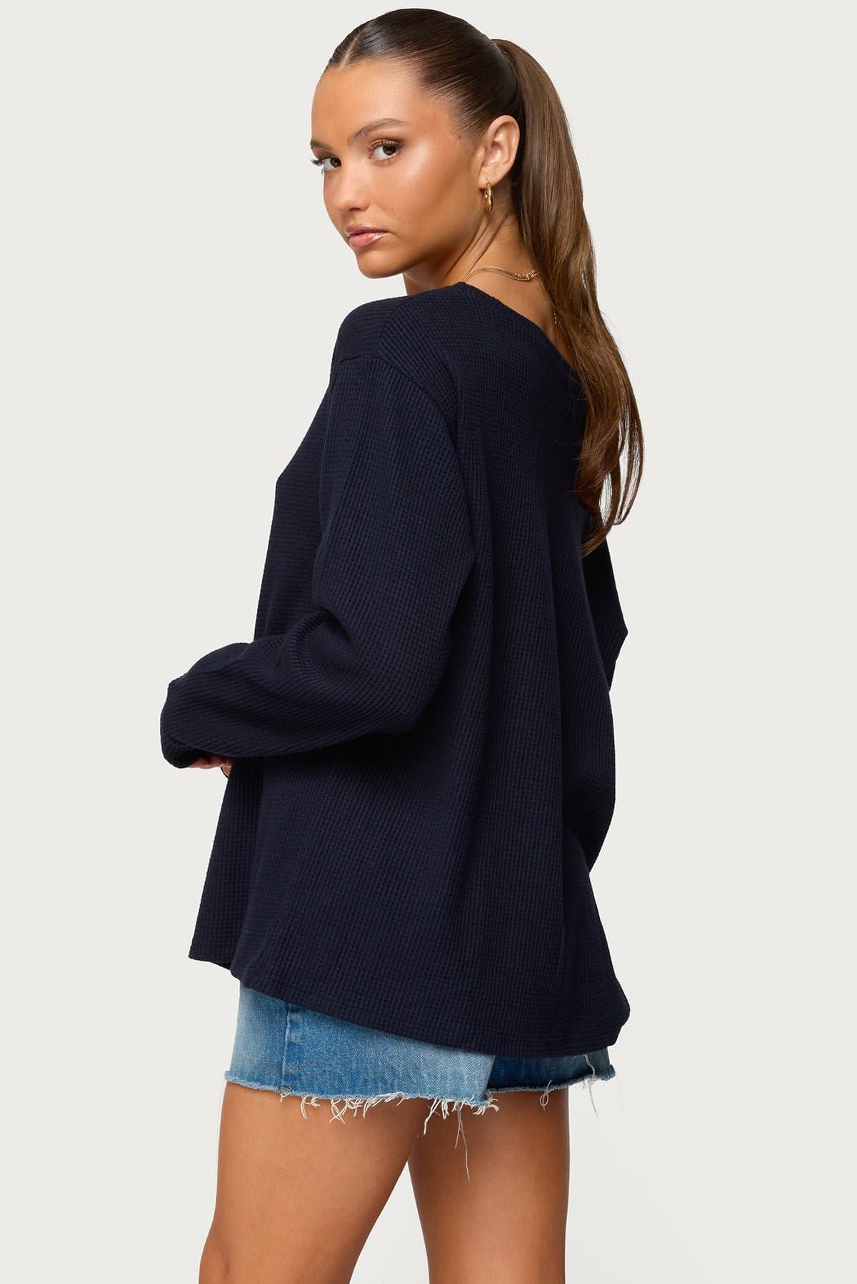 Damari Off Shoulder Oversized Waffle Top - Long Sleeve Rayon Polyester Nylon