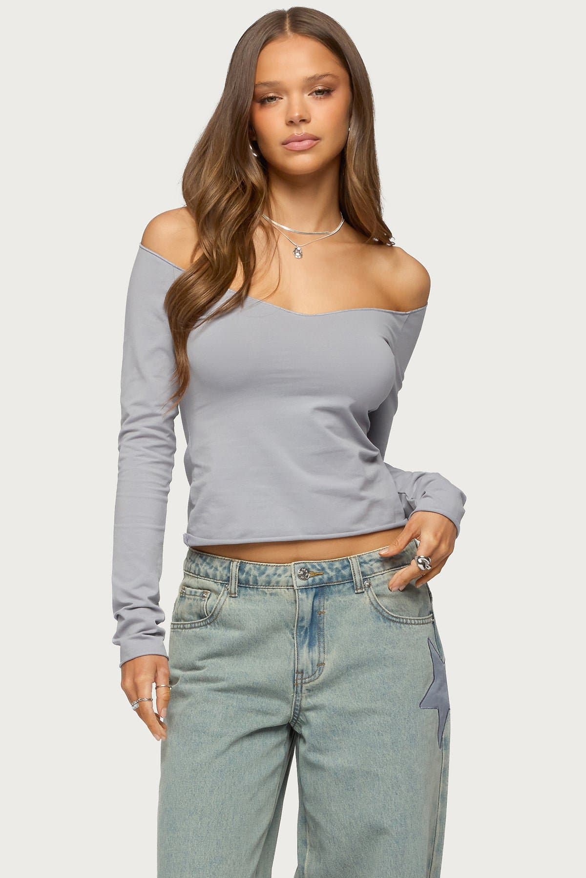 Nattie Off Shoulder V Neck Long Sleeve Top - Cotton Polyester Spandex