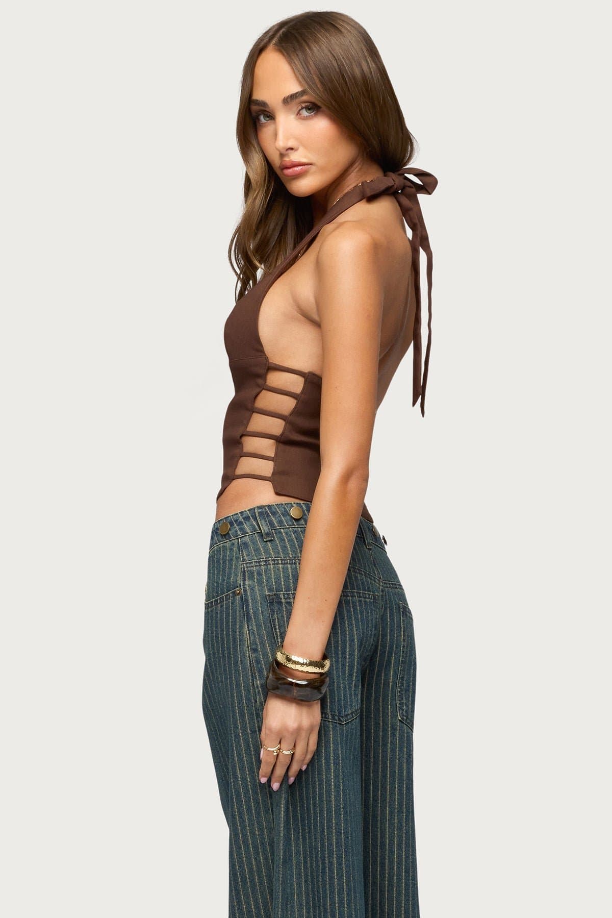 Aneera Cutout Plunging Halter Top in Rayon Nylon Spandex