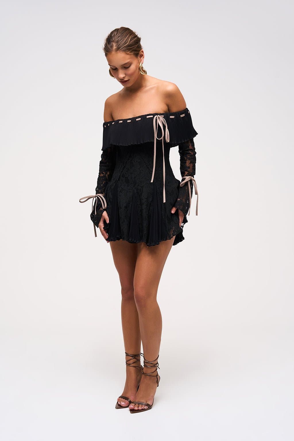 Collette Plisse Lace Mini Dress Bardot Neckline Full Lace Sleeves