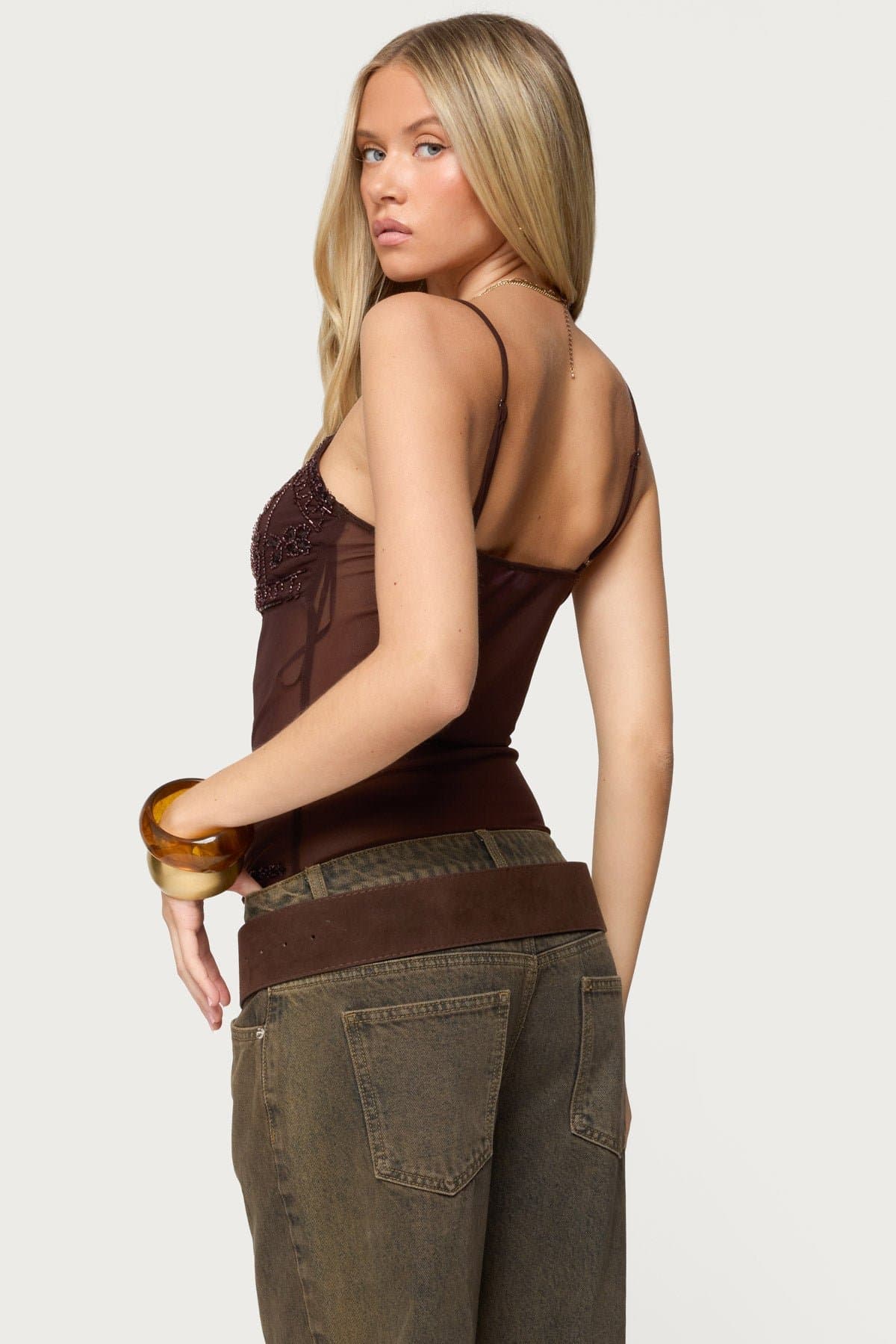 Azelia Beaded Sheer Mesh Tank Top with Adjustable Straps V Neckline Polyester Spandex