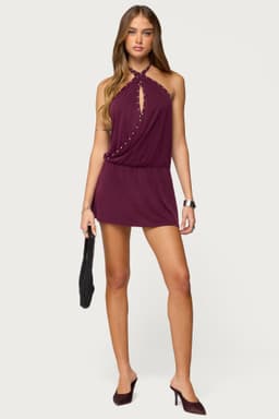 Studded Cutout Backless Mini Dress - Halter Neck Wrap Polyester Rayon