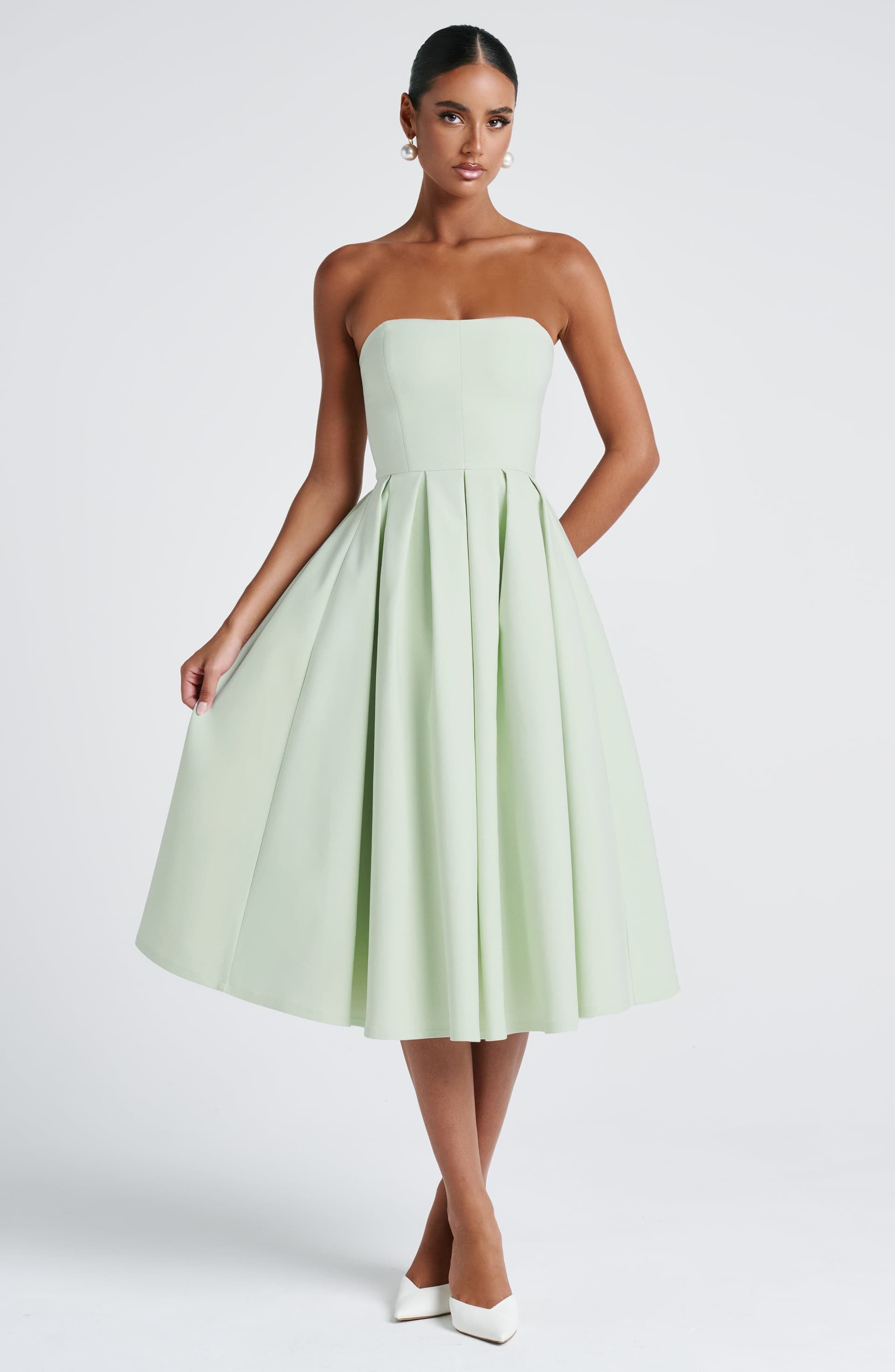 Edith Midi Dress - Mint Strapless Pleated Stretch Bengaline