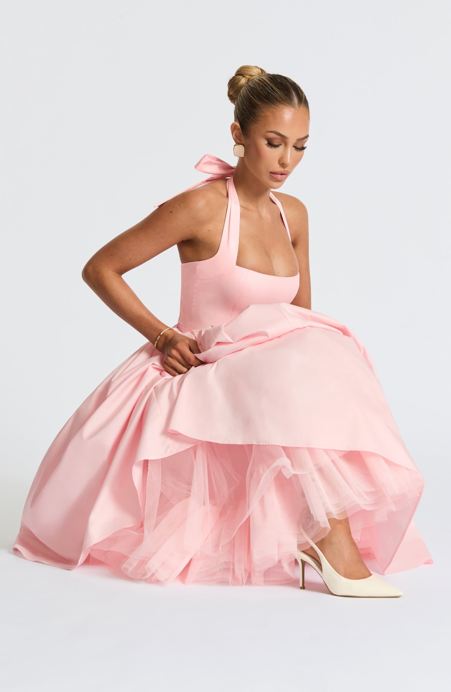 Cressida Midi Dress in Blush - Cotton Nylon Elastane Voile, Square Halter Neck, Lace Up Back